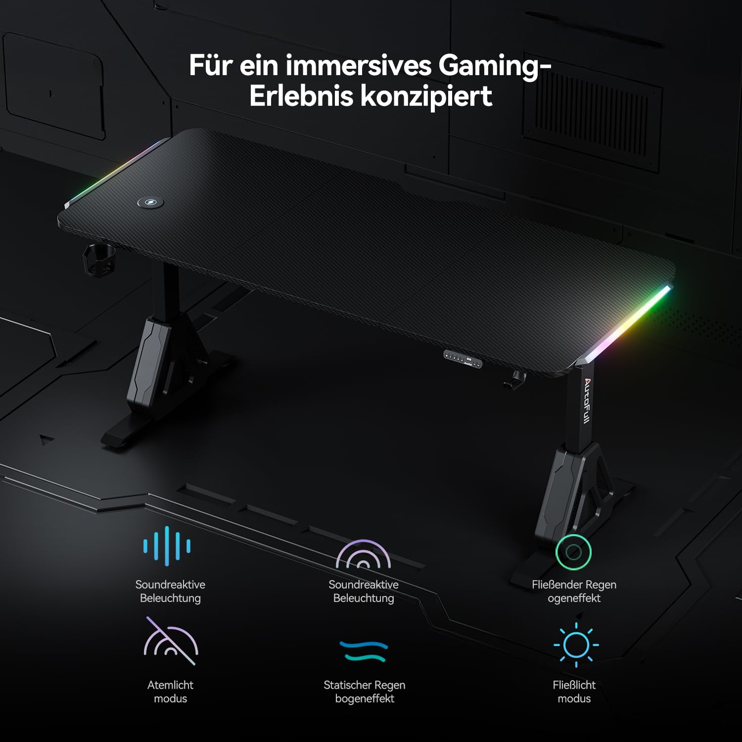 AutoFull A4 Pro Gaming Schreibtisch Höhenverstellbar Elektrisch, 160 x 70 cm Gaming Tisch mit Doppelmotor, Memory-Funktion, RGB Beleuchtung, 15W Kabelloses Laden & Kabelmanagement, Schwarz