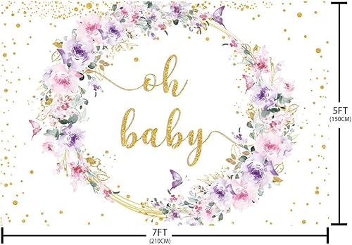 Miniatura 5 de Fondo de mariposa para baby shower de 7 x 5 pies, decoración de fiesta de baby shower, morado, rosa, floral, dorado, purpurina, fondo de fotografía,