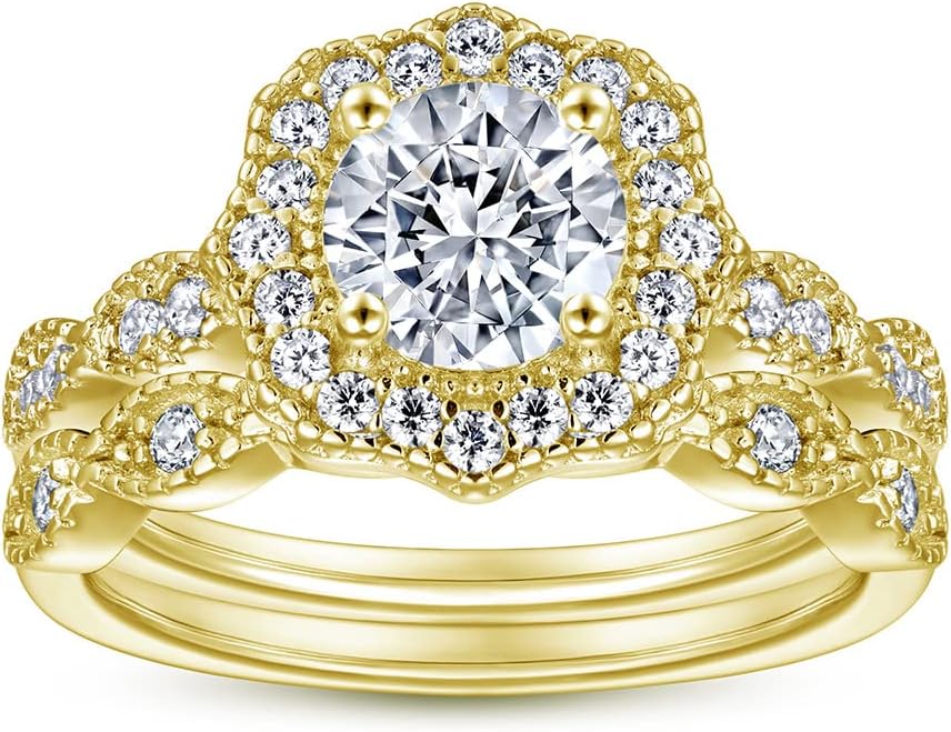 Vintage Bridal Sets Wedding Rings for Women Halo Engagement Ring Set, 1 Carat Center Moissanite Wedding Ring Set 925 Sterling Silver 10K 14K 18K Gold Anniversary Promise Rings