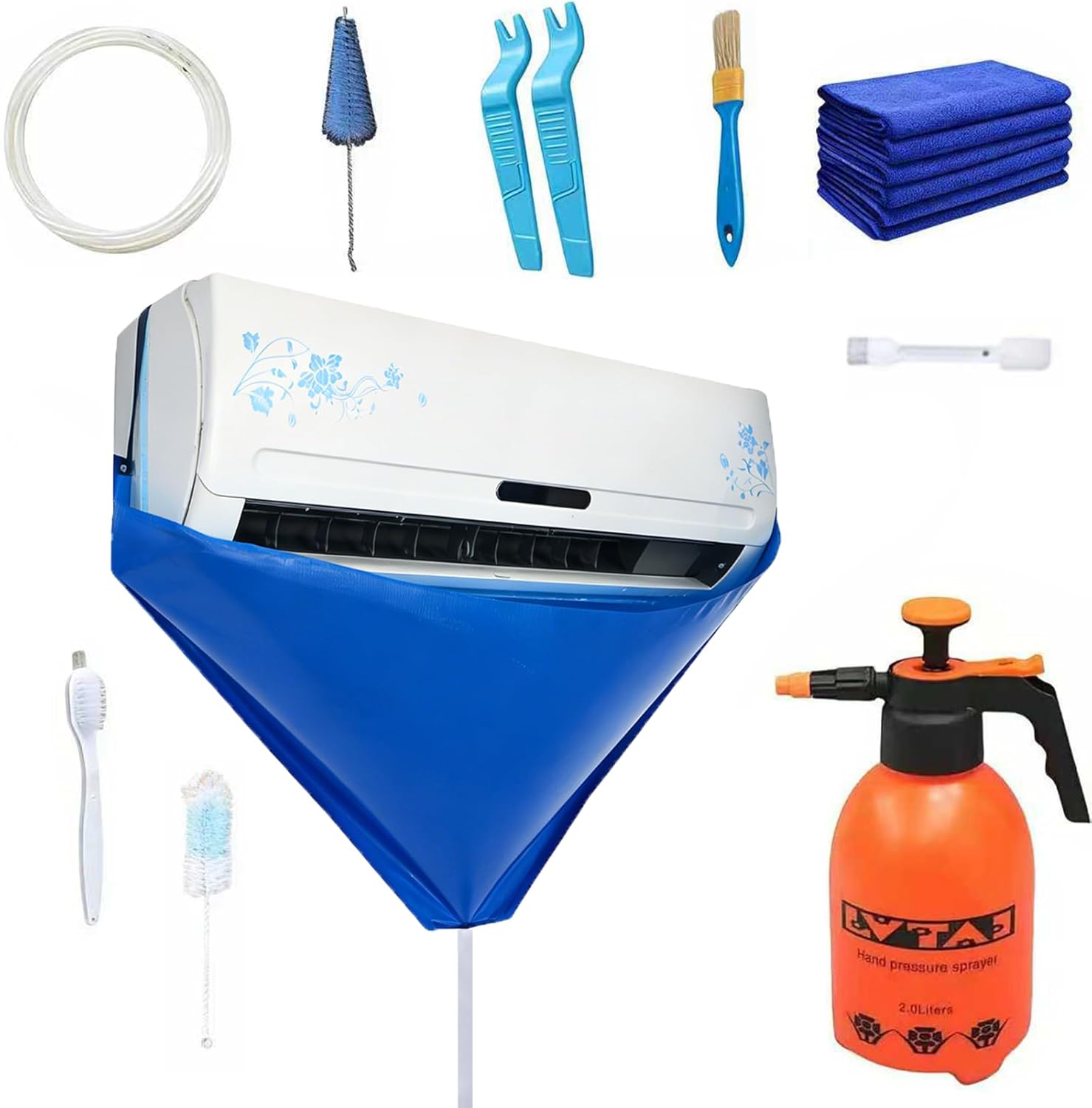 Air Conditioner Cleaning Cover,11PCS Mini Split Cleaning Kit Bag with 2L High Pressure Sprayer,Wall Mounted Waterproof Ac Cleaning Kit with Drainpipe and Support Plates,Fits Systems 27in - 39in(Blue)