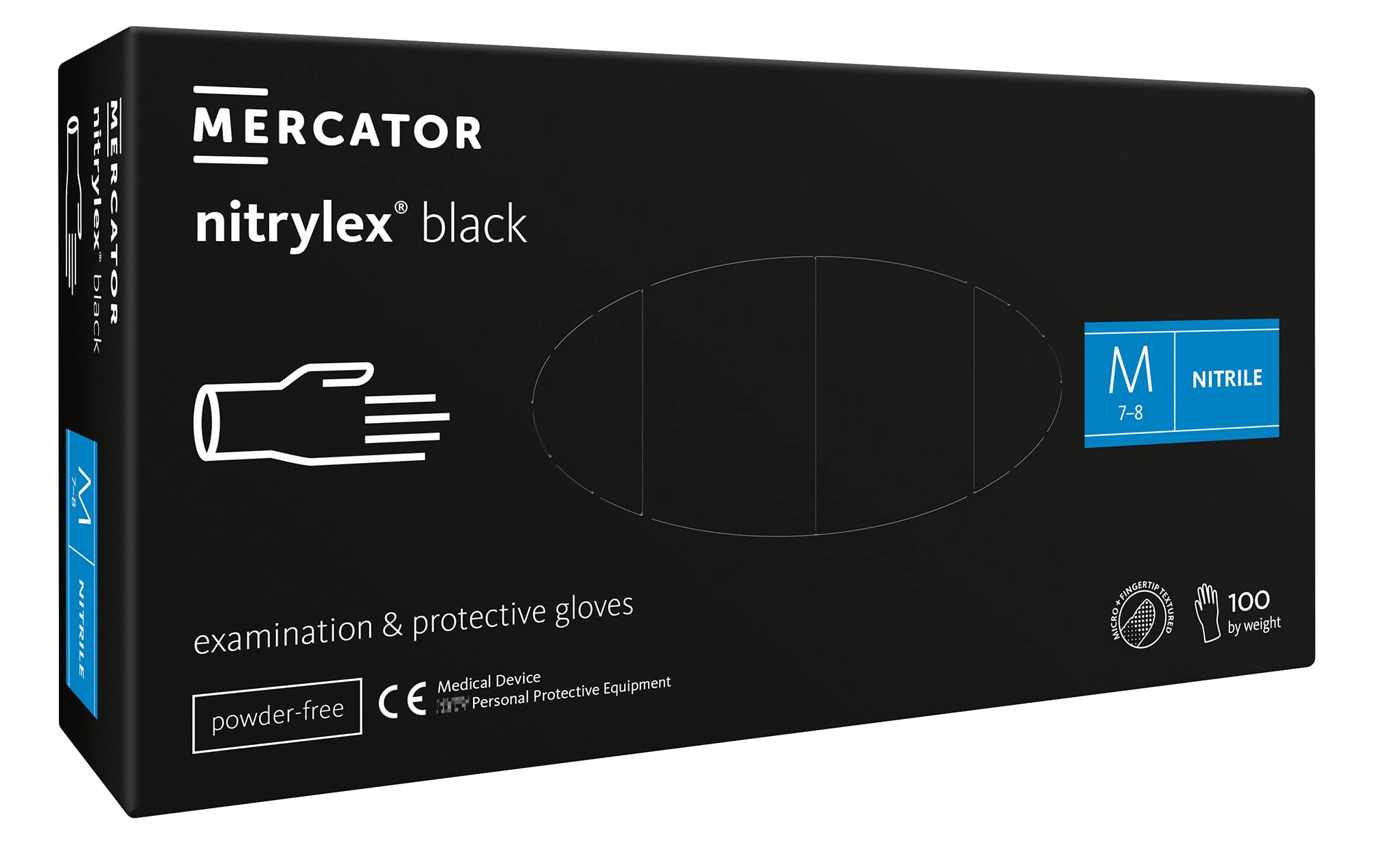 MERCATOR MEDICAL Guantes de nitrilo, guantes desechables sin polvo NITRYLEX BLACK, tamaño: M - 1000 unidades, color negro opaco opaco, puntas de los dedos texturizadas, guantes desechables sin látex
