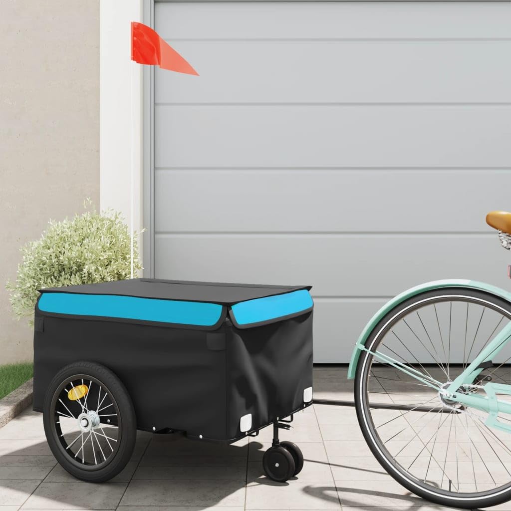 Rimorchio per bicicletta nero e blu in ferro con 45 kg, gancio di traino e bandiera di sicurezza, robusto per carichi bagagli, cani, bambini, all'aperto e vita quotidiana