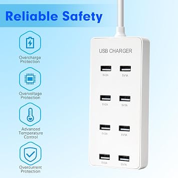 USB Wall Charger USB Charging Station for Multiple Devices 8-Ports Charging Hub Strip Smart Charger Block Compatible with iPhone, Galaxy, iPad Tablet, and Other Devices(White)
