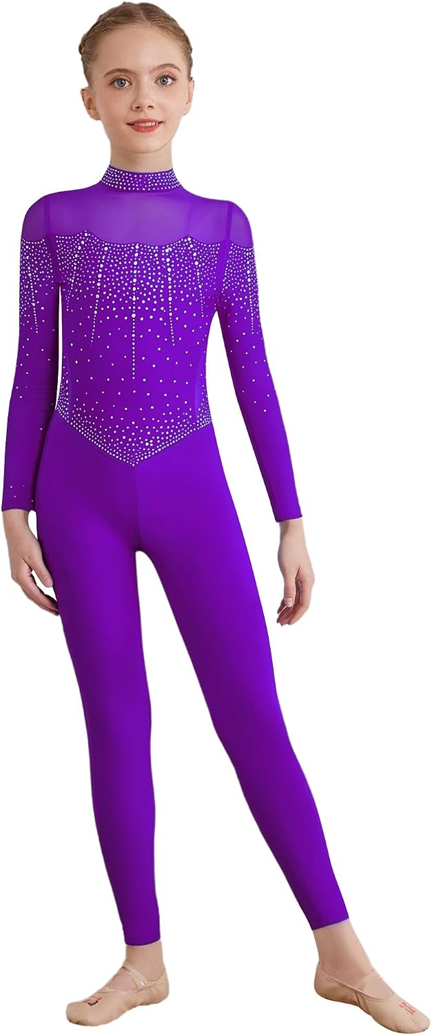 iiniim Kids Girls Full Body Dance Unitard Sparkly Mesh Long Sleeve Gymnastics Leotard Skating Jumpsuit Athletic Catsuit