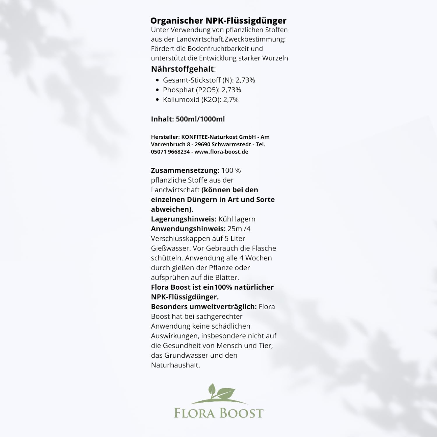 Konfitee Rosen Dünger Flora Boost 5000ml I Für bis zu 1000L Gießwasser I Langzeitdünger für alle Arten von Rosen geeignet I Flüssiger Blatt- & Wurzeldünger I 100% natürlicher Pflanzendünger