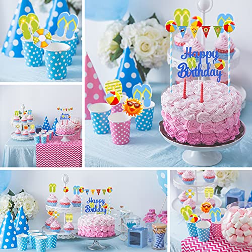 32 Pcs Summer Hawaii Beach Cake Topper Swimming Pool Party Cake Topper Decoration Blue Happy Birthday Cupcake Topper with Beach Ball Banner for Birthday Tropical Luau Baby Shower Party Supplies