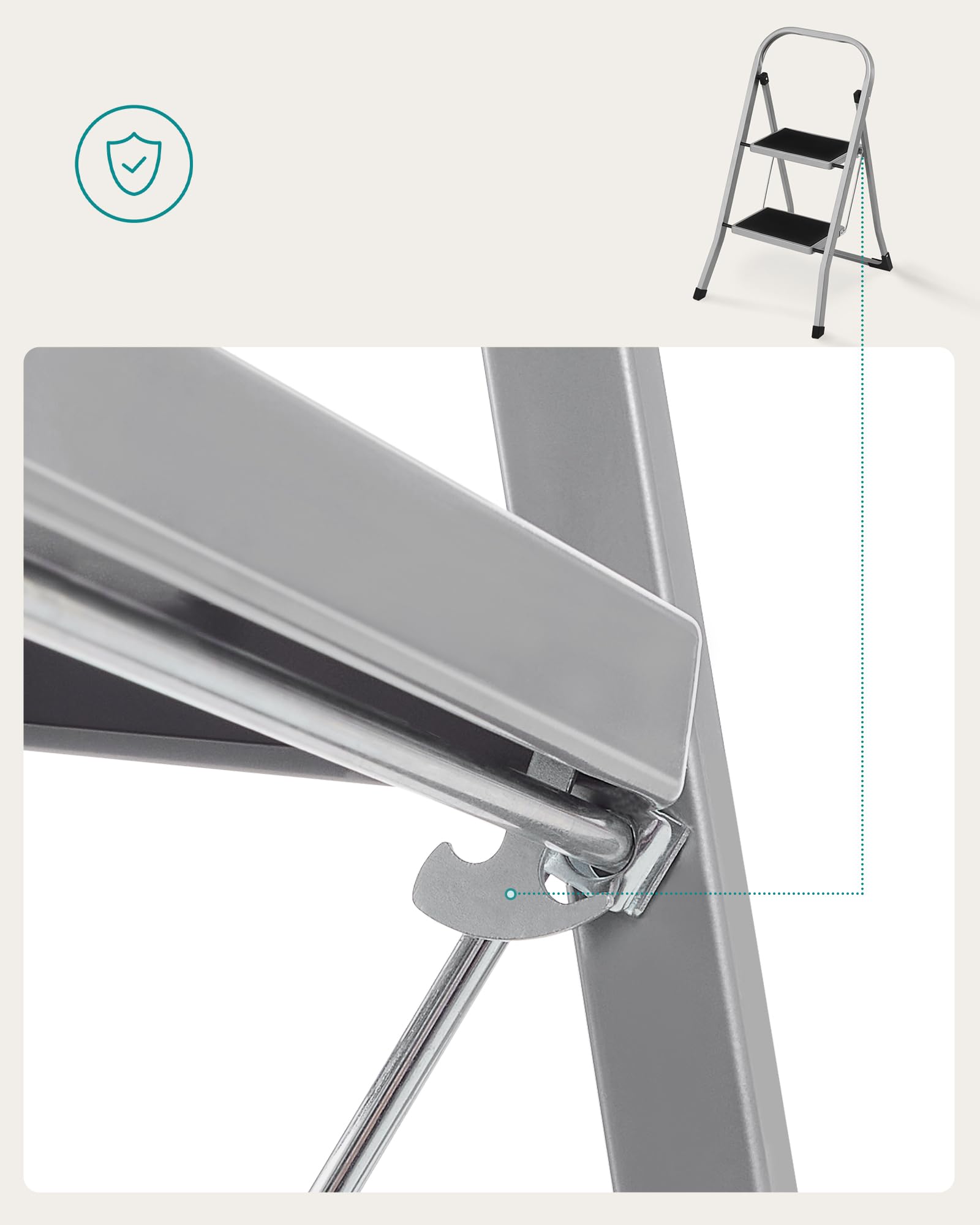 SONGMICS Drabina schodkowa, drabina z 2 stopniami, składane zabezpieczenie, łatwa do przechowywania, obciążenie do 150 kg, gołębi szary GSL012G01
