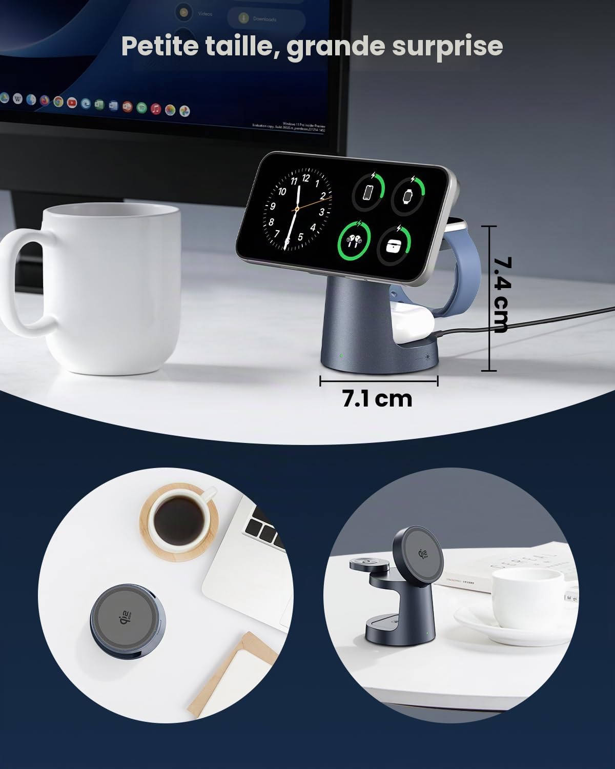 GEEKERA Qi2.2 25W Station de Charge 3 en 1 avec Lampe Nocturne, Chargeur Rapide Pliable Compatible MagSafe pour iPhone Air/17/16/15-12, Apple Watch 2-11, AirPods, inclut Adaptateur GaN 45W, Gunmetal