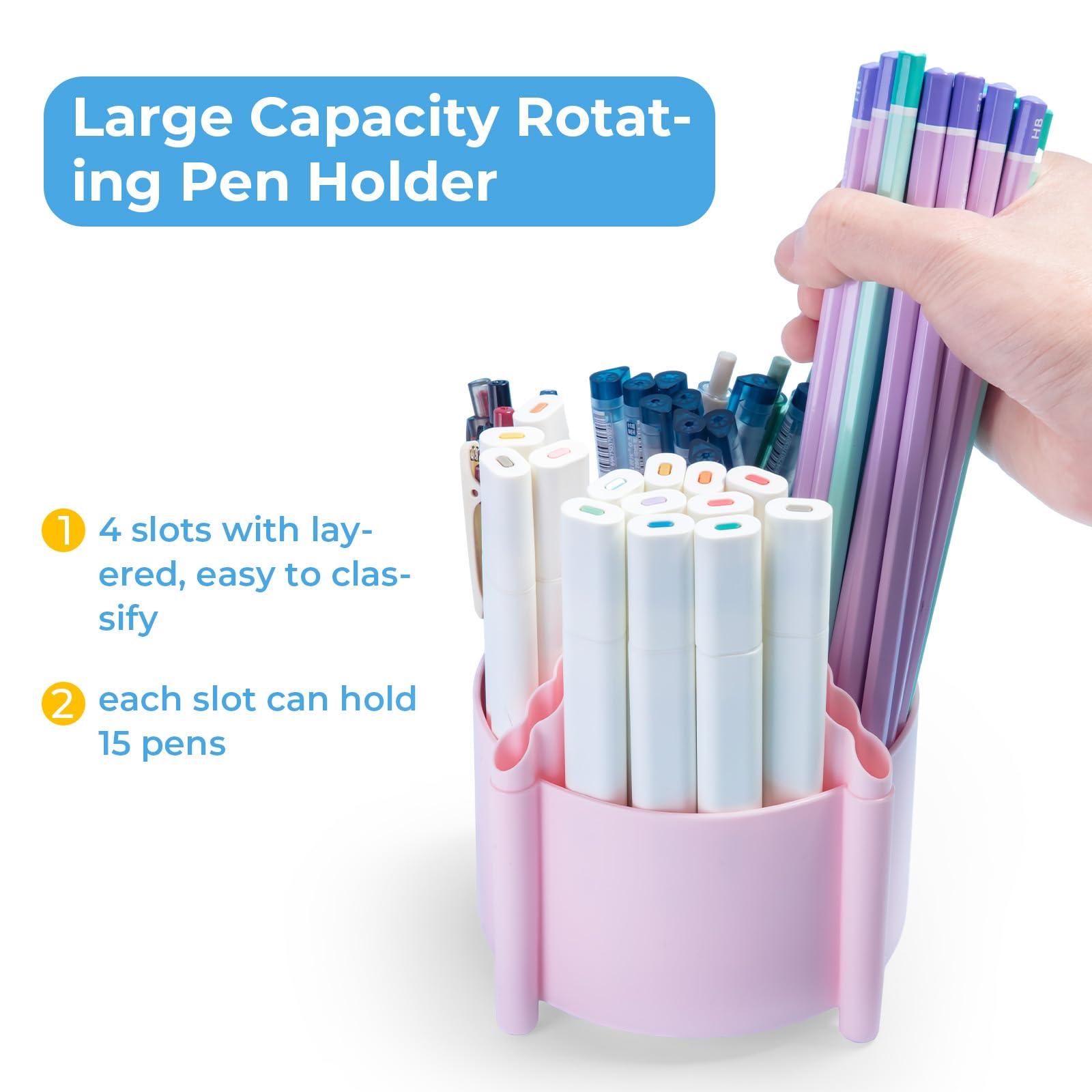 M&G 360 Degree Rotating Desk Organizer, 4 Slot Pencil Holder with Stickers, Multi-Purpose Cute Pen Pencil Cup for Make Up Brush Office School Home (Pink)