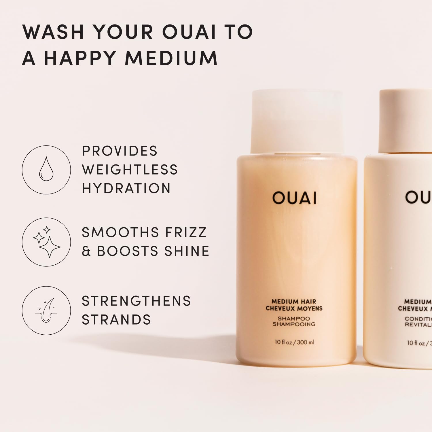 Ouai OUAI Ensemble shampoing + après-shampooing moyen – Nourrit avec des huiles de babassu et de noix de coco, renforce avec de la kératine et ajoute de la brillance avec de l'extrait de kumquat – San