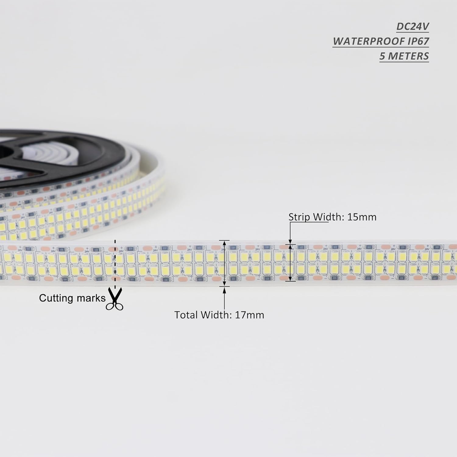 LED Strip Lights Cold White 6500K 16.4ft/5M Double Row 2835 SMD 2400LEDs DC 24V Daylight Bright Dimmable Flexible LED Tape Light Waterproof IP67 Outdoor Lighting(No Adapter and Dimmer)