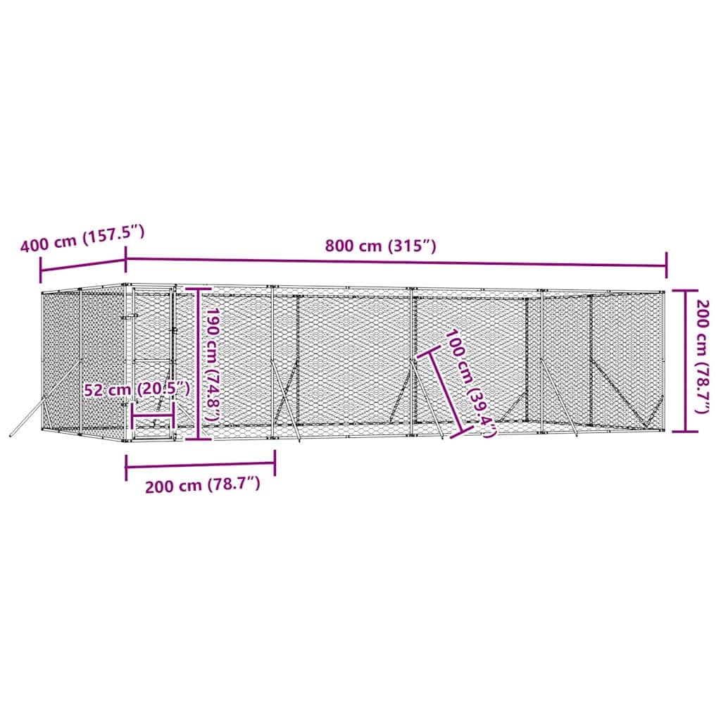 Outdoor-Hundezwinger Silbern 8x4x2 m aus verzinktem Stahl - Grosser Welpenauslauf und Freigehege Fuer Hunde Kleintiere Huehner Kaninchen - Robustes Aussengehege mit Tuer