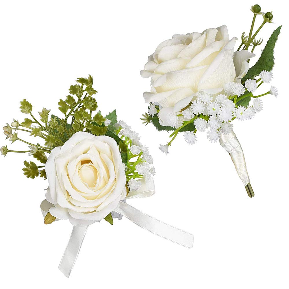 Integrity.1 1 Juego Boda Boutonniere, Rose Boutonniere, Ramillete Novio, Nupcial Ramilletes Accesorios, Novio Ramillete de Rosa, para Bodas, Banquetes, Fechas de Aniversario Etc (Blanco)