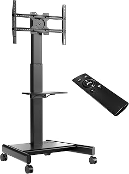 ONKRON Motorized TV Stand 43-75", up to 143.3 lbs, max VESA 600x400, Black | Electric TV lift height adjustable 37.4"-63", remote control, tilt function, shelf, locking wheels; for home & business
