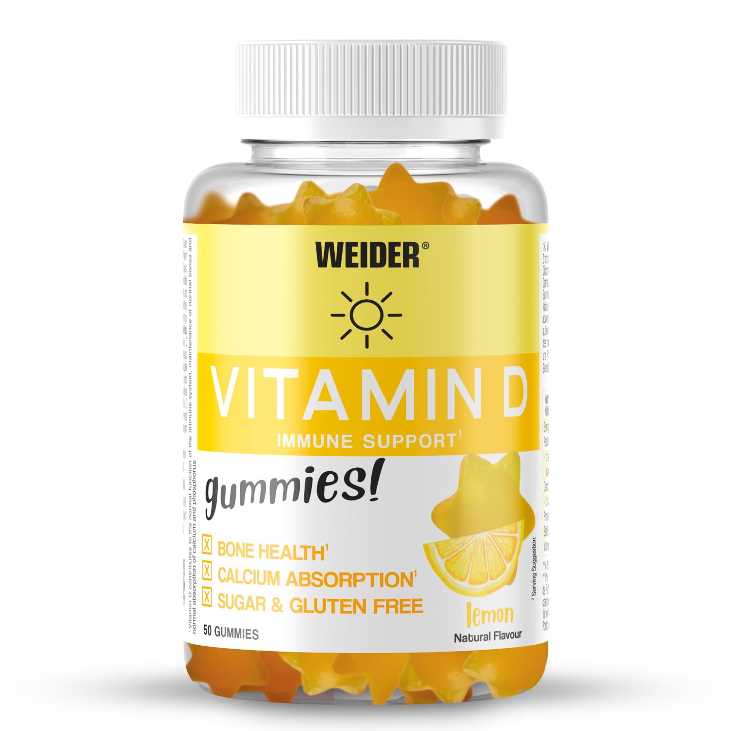 Weider Vitamin D Gummies (50 Gummies), Lemon Flavor, Gummies with Vitamin D3 (25µg /Serving), Contributes to Calcium Absorption and Supports Bone, Muscle, and Immune Function, Sugar-Free, Gluten-Free