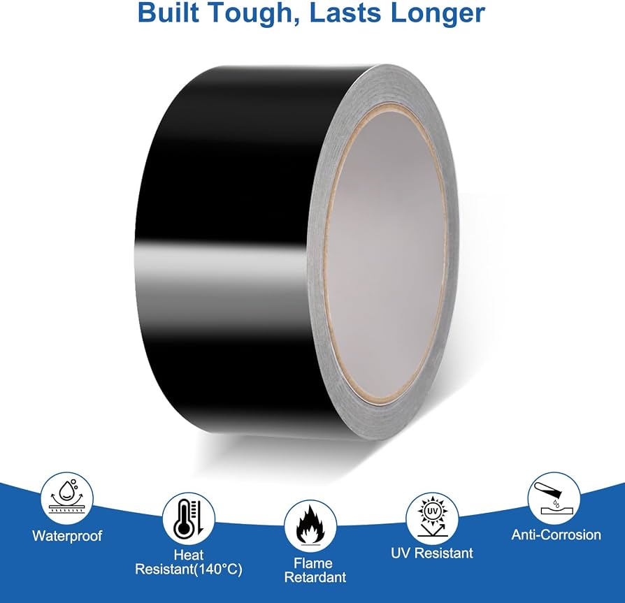 VINATO Cinta De Aluminio Negra De 5 Cm X 20 M, Alta Temperatura Hasta 140°C, Adhesivo Acrílico, Impermeable, Para HVAC, Electrónica, Automoción Y Bricolaje