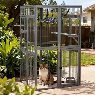 39 Inches Pine Wood Catio Cat Enclosure with Fabric Hammock, Waterproof & Sunshine Board Cat Cage- Suitable for Outdoor and Indoor, Cat House Shelter with 3 Wooden Platforms-Grey