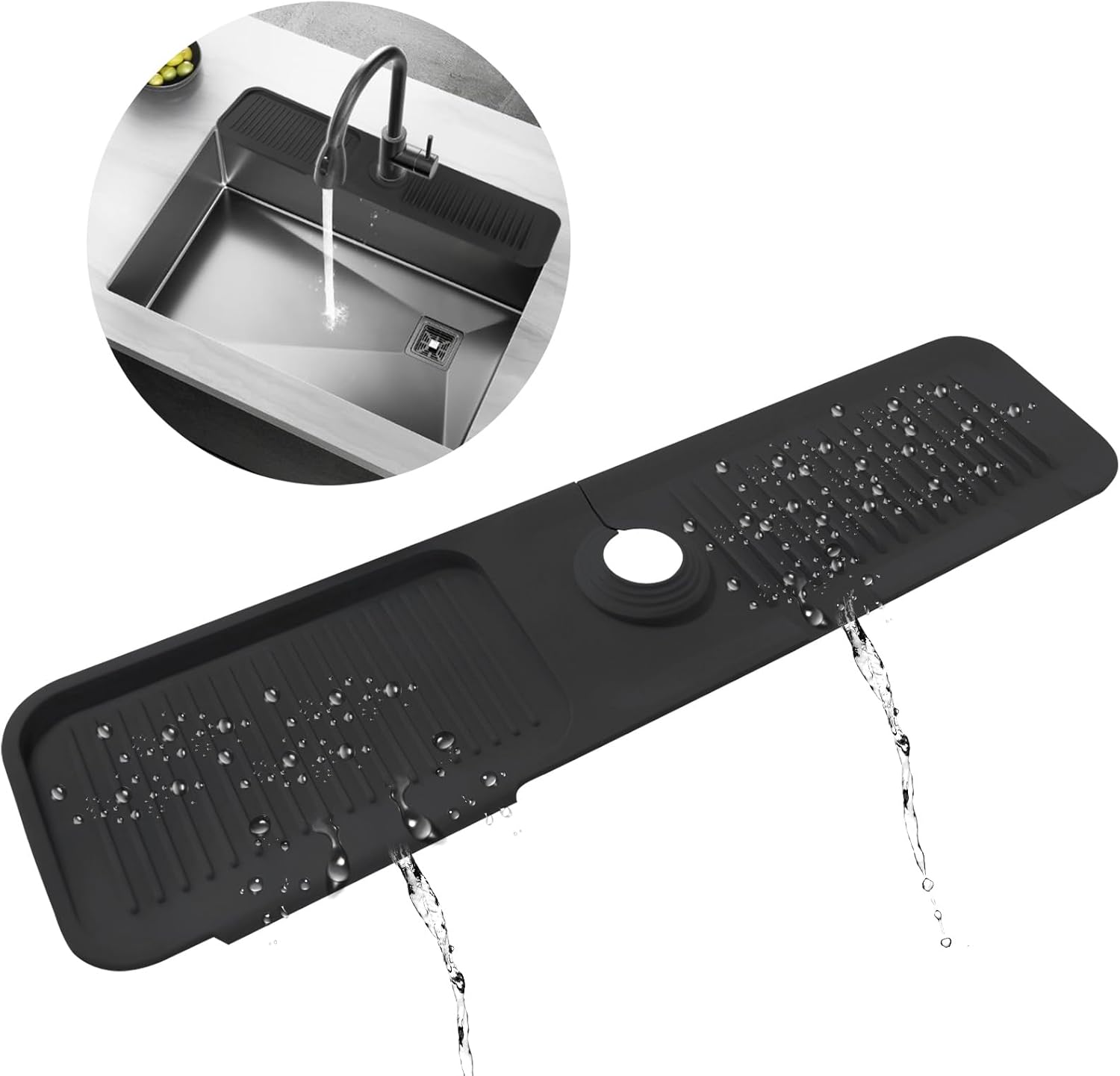 Silicone Faucet Mat 24 inch Sink Splash Guard, Faucet Handle Drip Catcher Tray for Kitchen