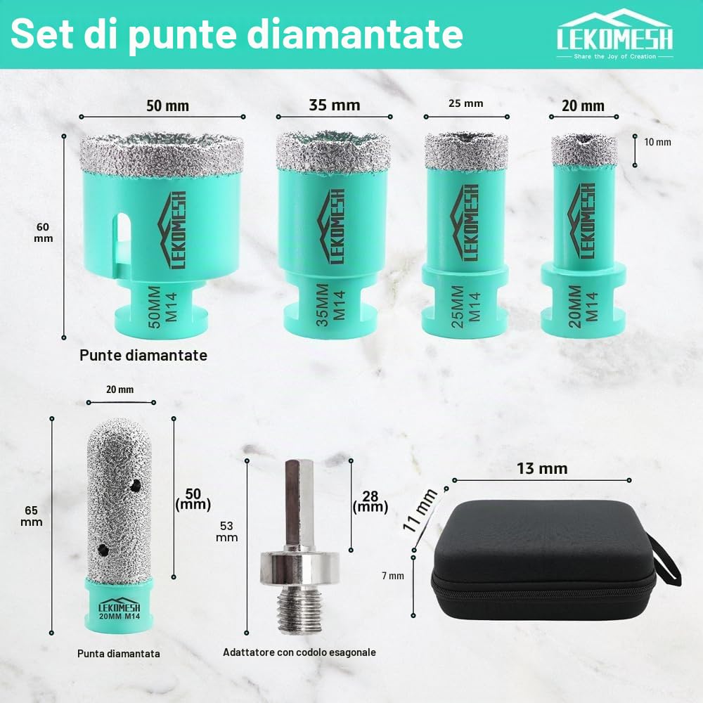 Punte Diamantate per Piastrelle - 6 pezzi (20/25/35/50mm+20mm Fresa Diamantata+Adattatore) Seghe a Tazza Diamantata per Gres Porcellana Ceramica, Filettatura M14