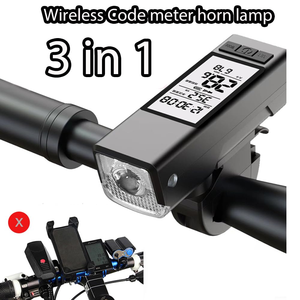 LESOVI Bike Horn Bike Light Bike Speedometer 3 in 1 Wireless Bicycle Speed Meter with Light and Horn USB Rechargeable Waterproof Bike Speedometer Full Screen