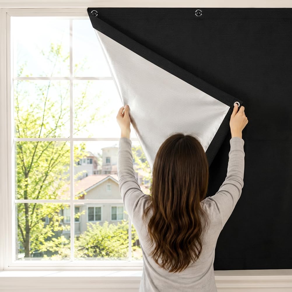 AUAUY No Drill Blackout Blinds Stick On Windows, 100% Blackout Blind Shades, Removable Suction Cup, 600D Oxford Sun Protection Thermal Insulated for Bedroom Nursery Bedroom Travel RV (60Wx93H cm)