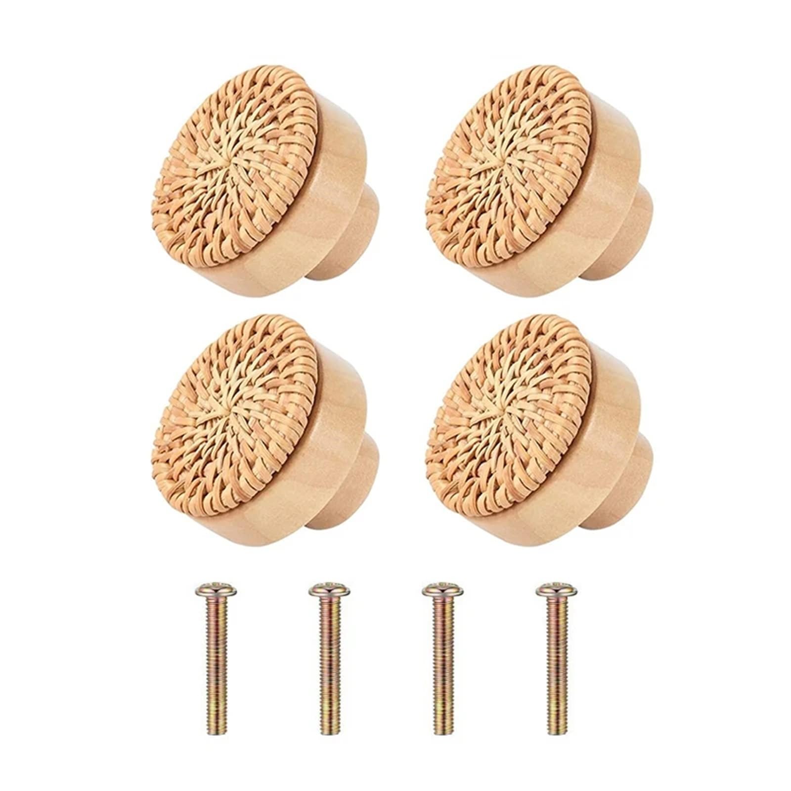 UBOHUZ 1/2/4/6/8PCS Wooden Rattan Dresser Knobs Kit Round Decorative Furniture Pull Handles Multipurpose Woven Drawer Pulls for Bedside Tables for Cupboard, Wardrobe(Yellow 4Piece)