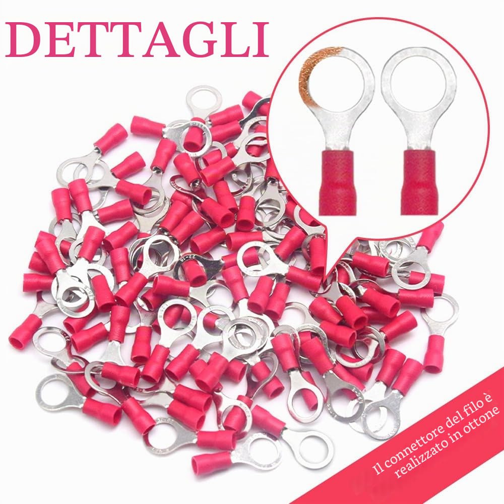 100 Pezzi Anello Capocorda Elettrico Terminale Connettori Elettrici Diametro Foro M8 Crimpare Connettori – Per Cavi Da 0,5 – 1,5 mm² (Rosso/YPRH8)