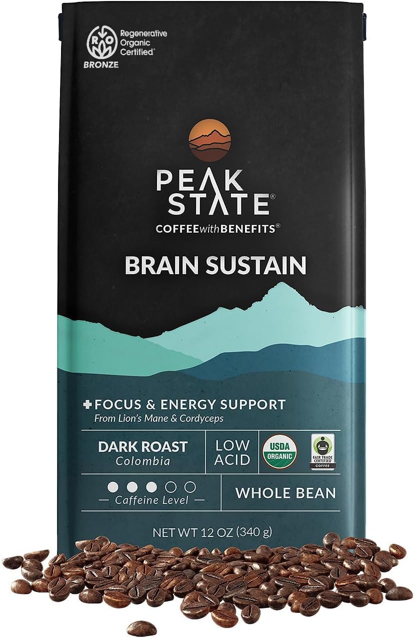 BRAIN SUSTAIN Coffee - Dark Roast - Whole Bean Lion's Mane Mushroom Coffee - Mold Free, Mycotoxin Free, Organic, Non-GMO, Low Acid (12 oz, Whole Bean)