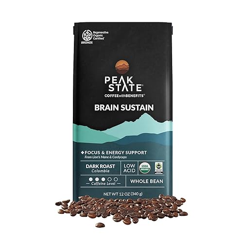 Peak State Café de grano entero BRAIN SUSTAIN - Tueste oscuro - Café de seta Lion's Mane - Sin moho, sin micotoxinas, orgánico, sin OMG, bajo en
