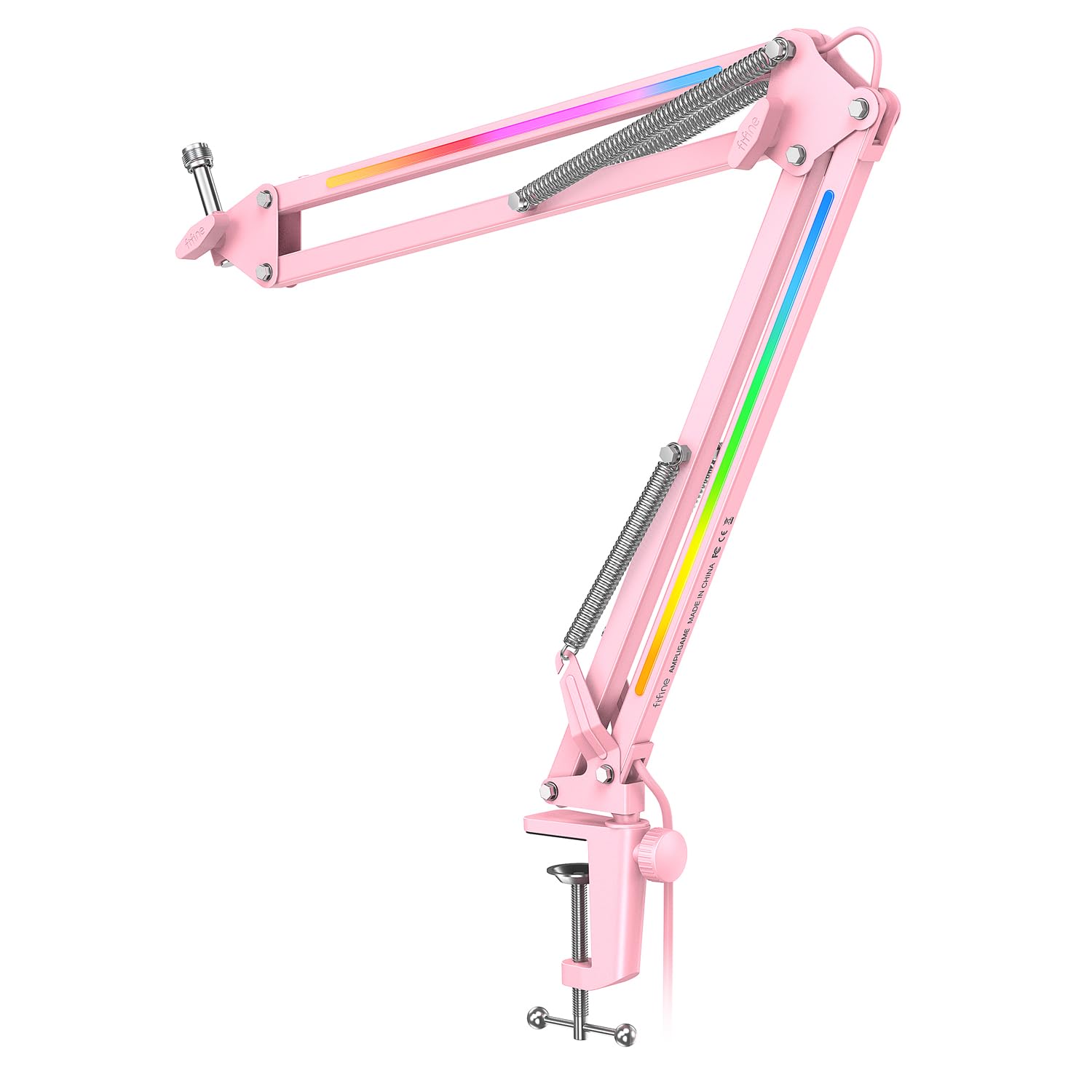 FIFINE Microphone Boom Arm Metal Heavy Duty Mic Stand with Controllable RGB Light C-Clamp Compatible with AM8 for