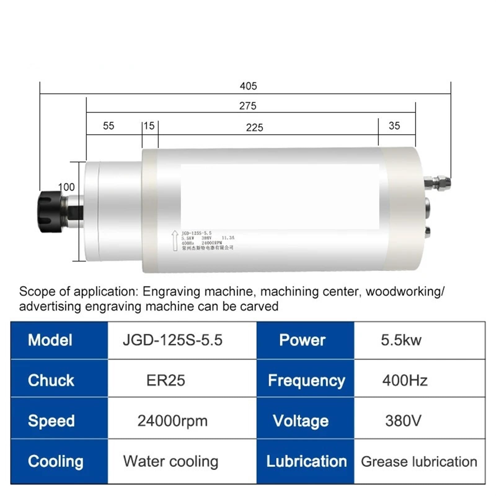 Spindle motor Milling Machine Spindle Motor 5.5kw 220V 380V Water-Cooled Spindle ER25 Chuck D=125mm 24000rpm For Router Wood(5.5kw ER25 380V)