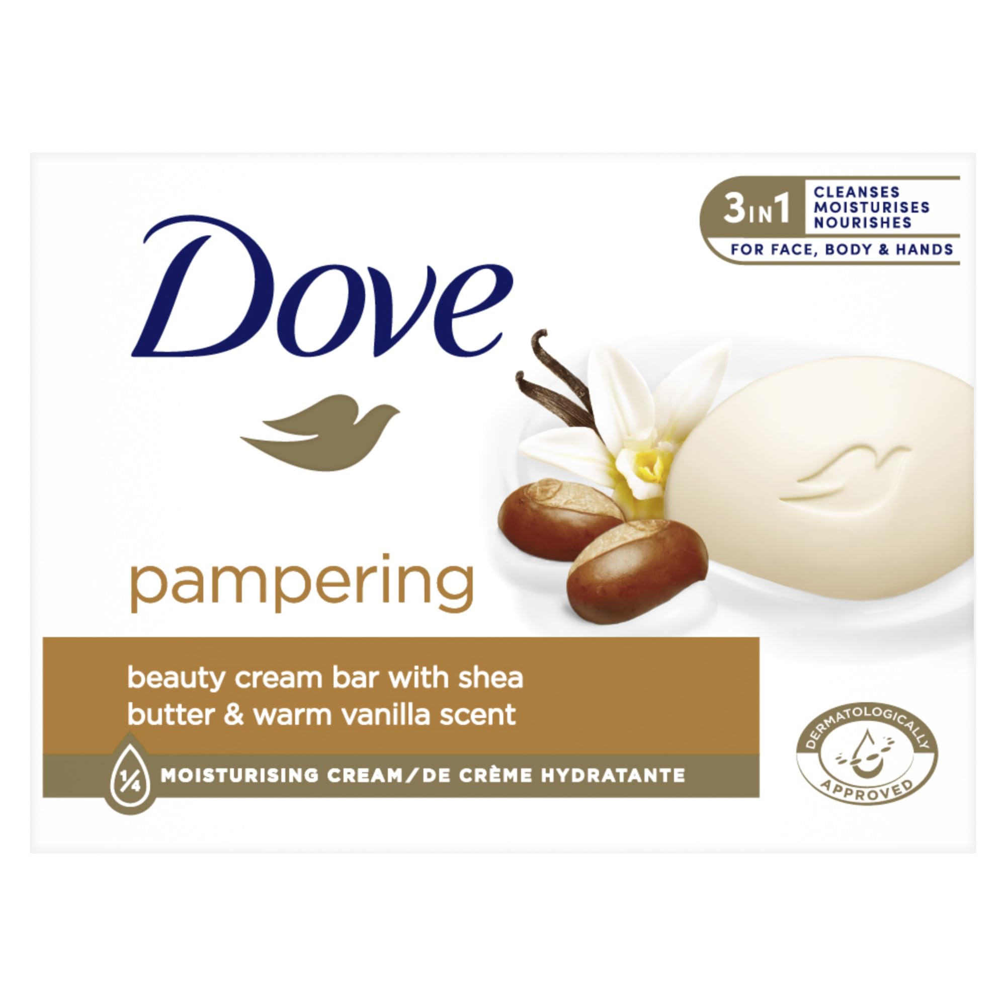 Dove Waschstück Pampering Cream Bar mit 1/4 Feuchtigkeitscreme für weiche und geschmeidige Haut 90 g