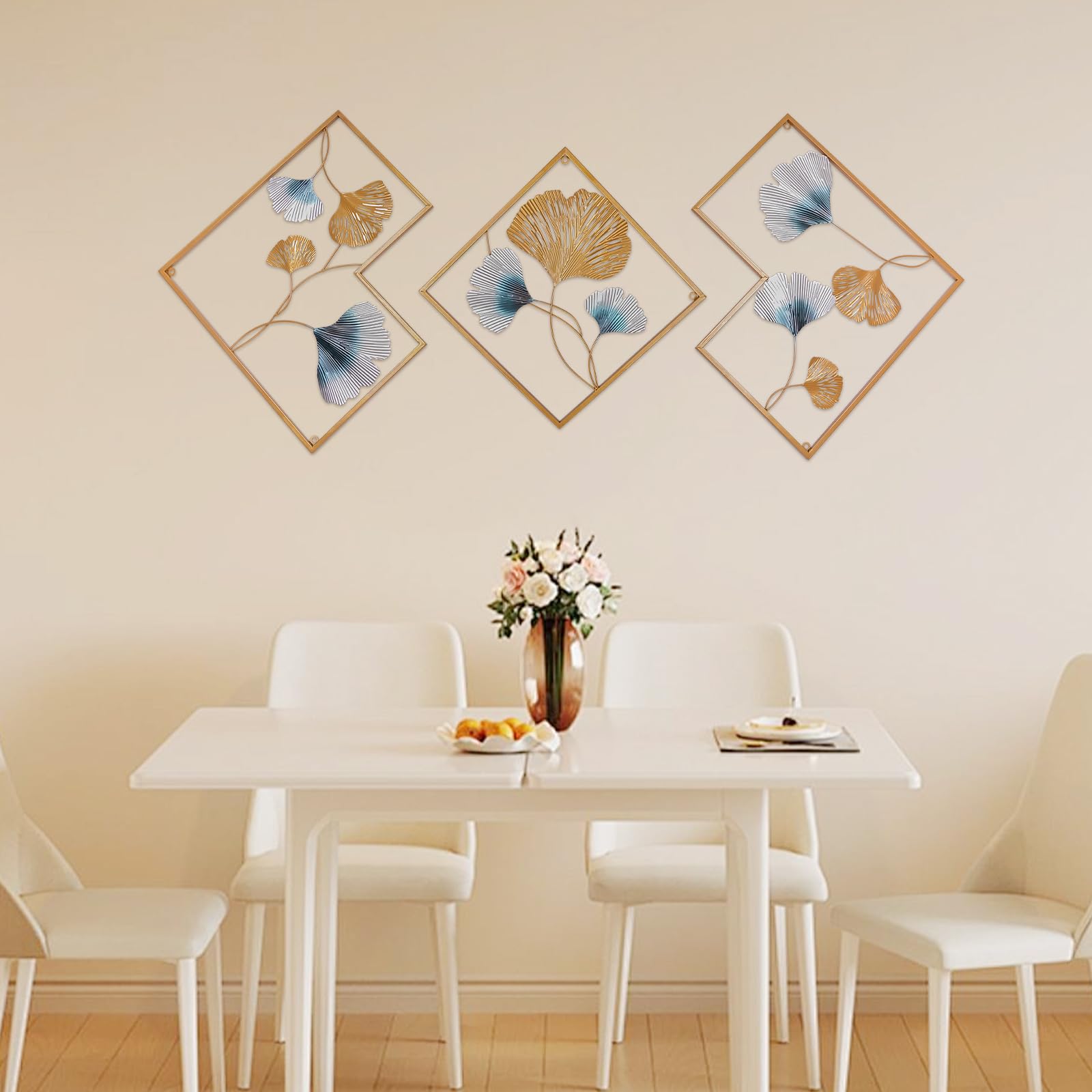 MEHOOSPVN 3 decorazioni da parete in metallo, a forma di foglia di ginkgo, decorazione da parete moderna di lusso, decorazione da parete in metallo, decorazione da parete, decorazione da parete in