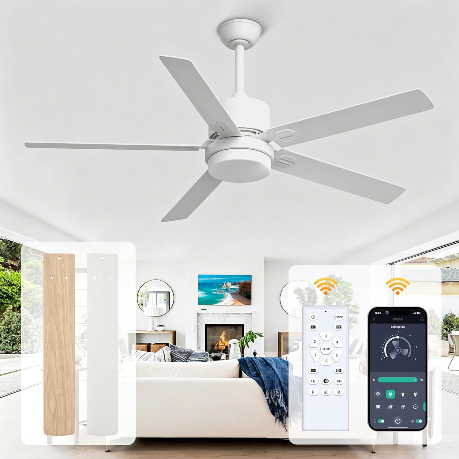 Obabala Smart Ceiling Fan with Light 60 Inch, DC Motor Ceili