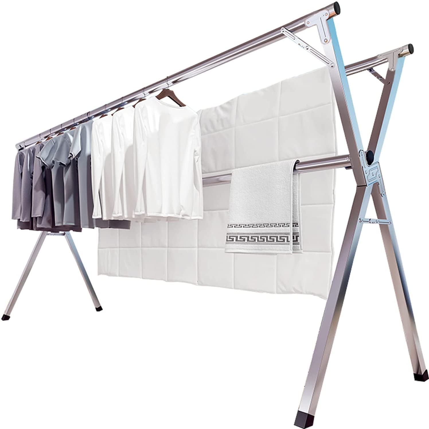 1.6M/63in Stainless Steel Garment Rack - Adjustable and Foldable Clothes Drying Rack, Stainless Steel Garment Rack Adjustable and Foldable Space Saving Laundry Drying Rack