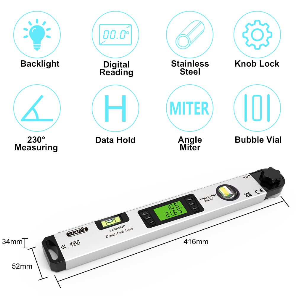 EOUTIL 2-in-1 Digital Level & Angle Finder – 18-Inch Aluminum Protractor With LCD Display, Dual Bubbles, 230° Range, IP54 Water/Dust Resistant – For Woodworking, Construction & Auto Repair