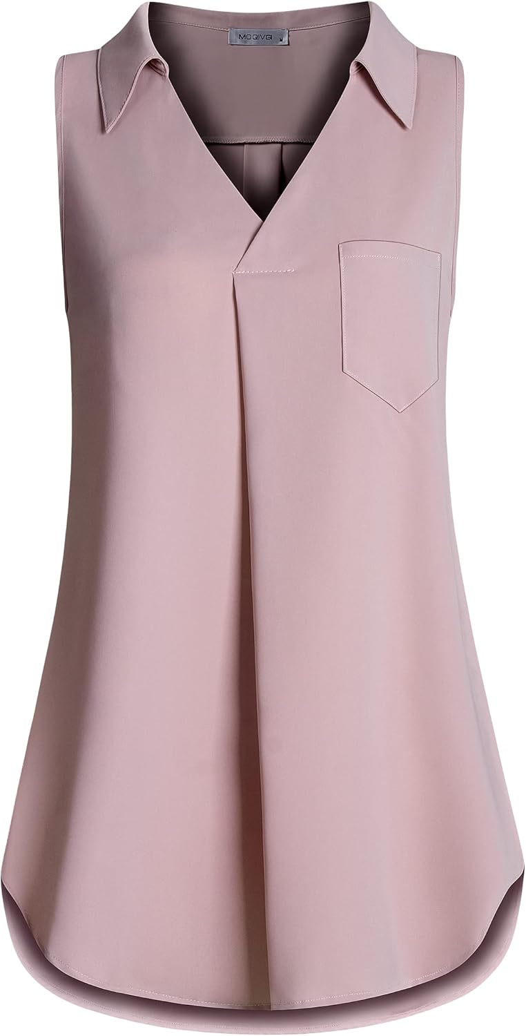 MOQIVGI Womens Chiffon Blouses Sleeveless Collared V Neck Dressy Sexy Casual Tank Tops - Image 2