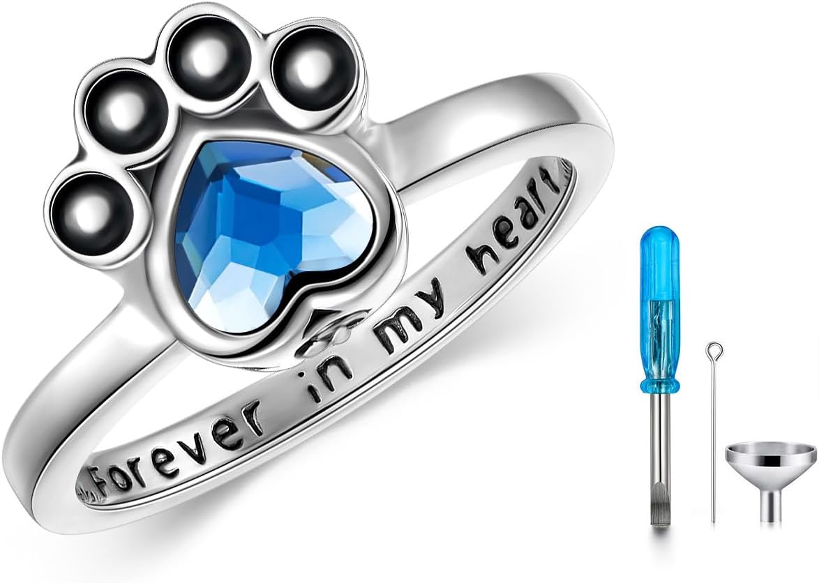 925 Sterling Silver Paw Print Urn Ring Holds Cat Dog Ashes, Forever in My Heart Pet Memorial Keepsake Cremation Jewelry Ring for Ashes for Women