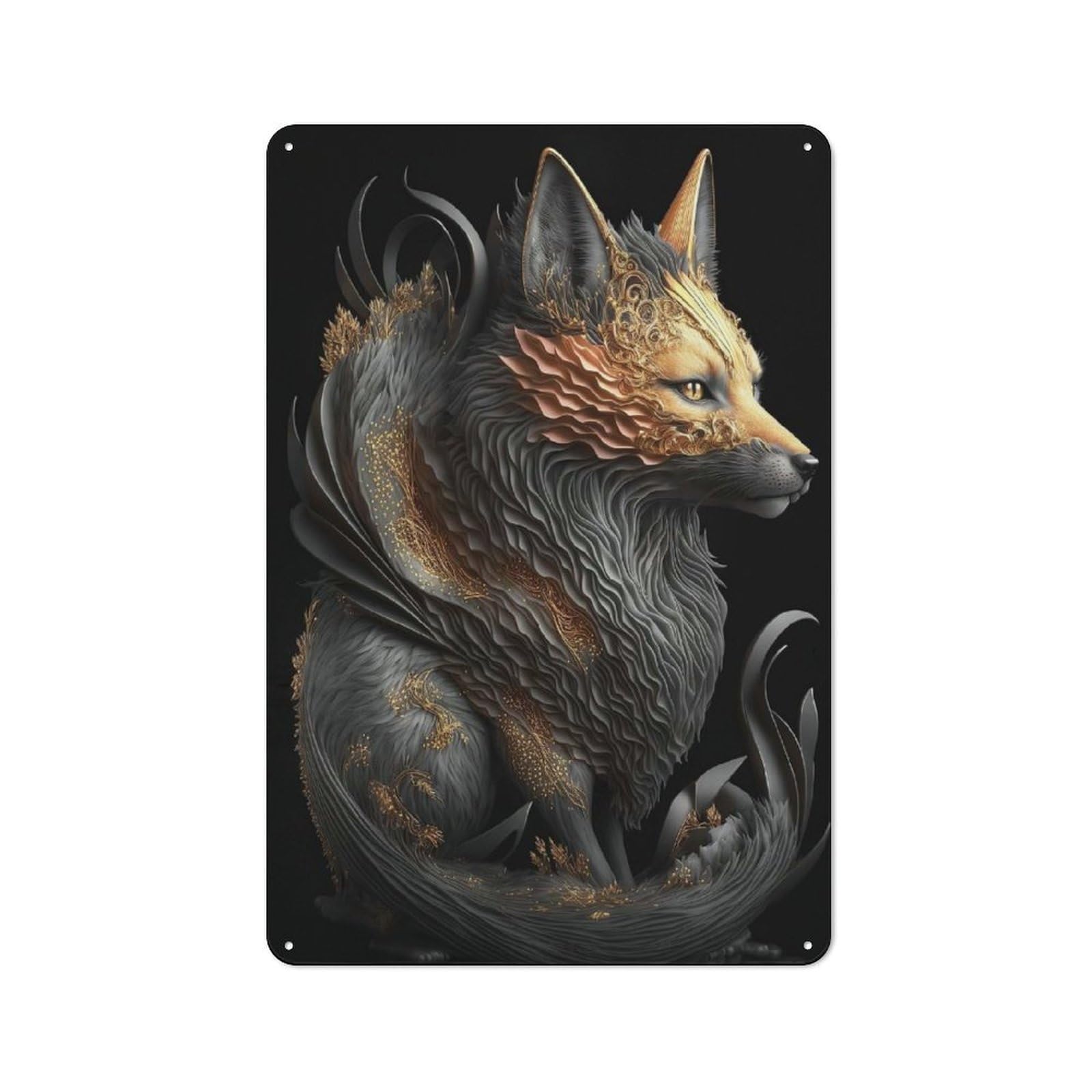 Junmoney Style-4 Fire Fox Golden Art Deco Industrial Metal Sign 30X20cm, Modern Retro Loft Wall Plaque For Modern Home, Workshop, Office Or Cafe