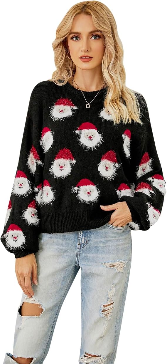 CHICWISH Women's Black/Green/Pink/Red Fuzzy Santa Claus Knit Top