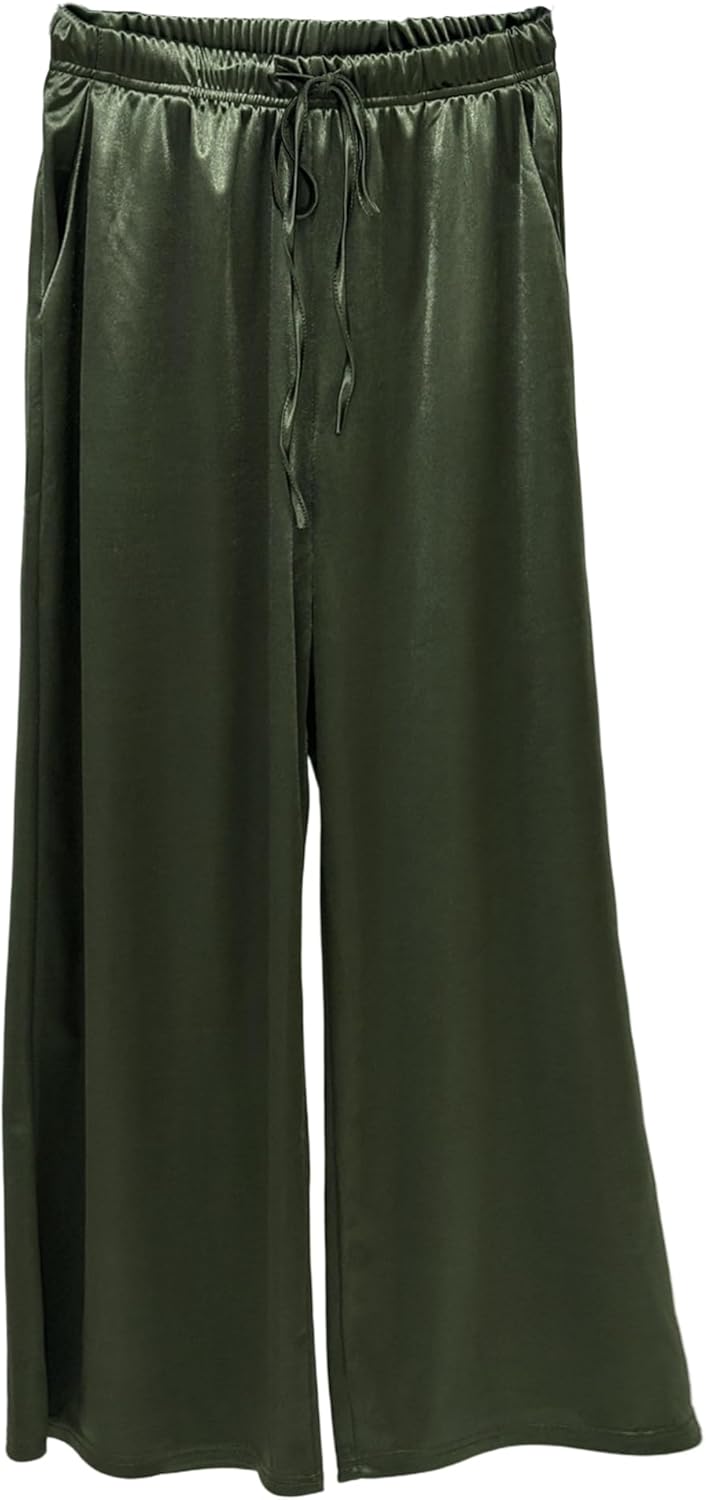 Cotilafi Women's Silk Wide Leg Pants, Loose Comfortable Straight Leg Casual Trousers, High Waist Elastic Waistband Long Pants