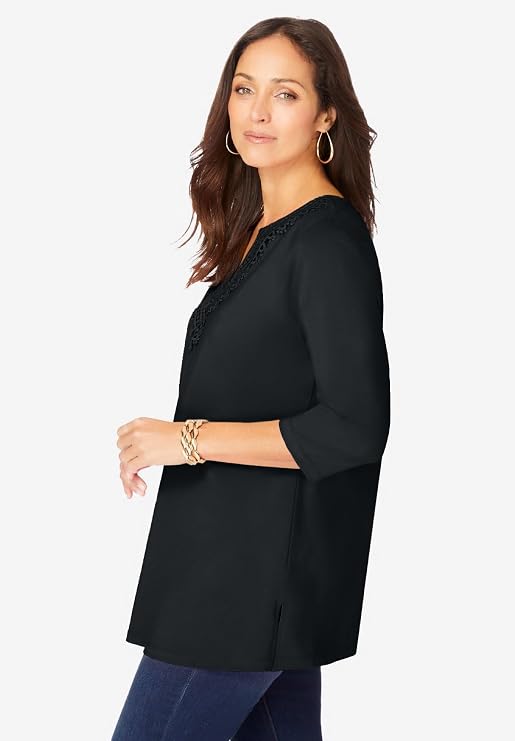 Jessica London Women's Plus Size Stretch Cotton Crochet Notch Neck Tunic