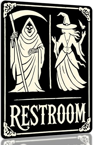 Letrero de decoración de baño de Halloween – Parca y bruja, decoración espeluznante para baño, divertida placa de metal gótica de 11 x 8.3 pulgadas de Opix Design