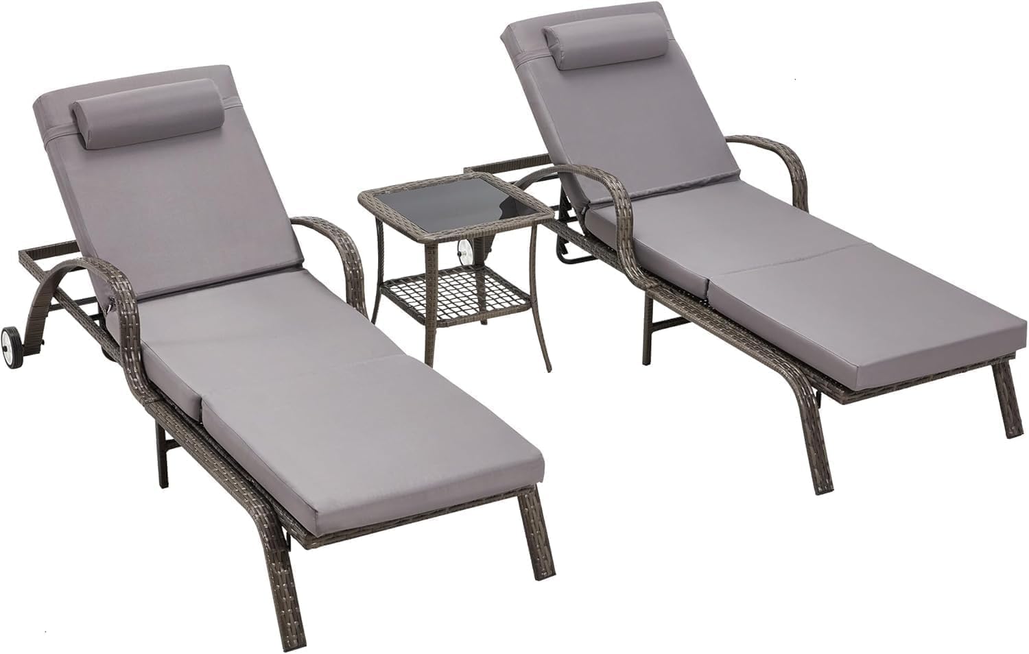 HOMREST Pool Lounge Chairs Set of 3, Outdoor Wicker Chaise with 5 Adjustable Backrest & Flexible Wheels, Patio Lounge Chair with Thicken Cushion for Garden and Poolside, Gray