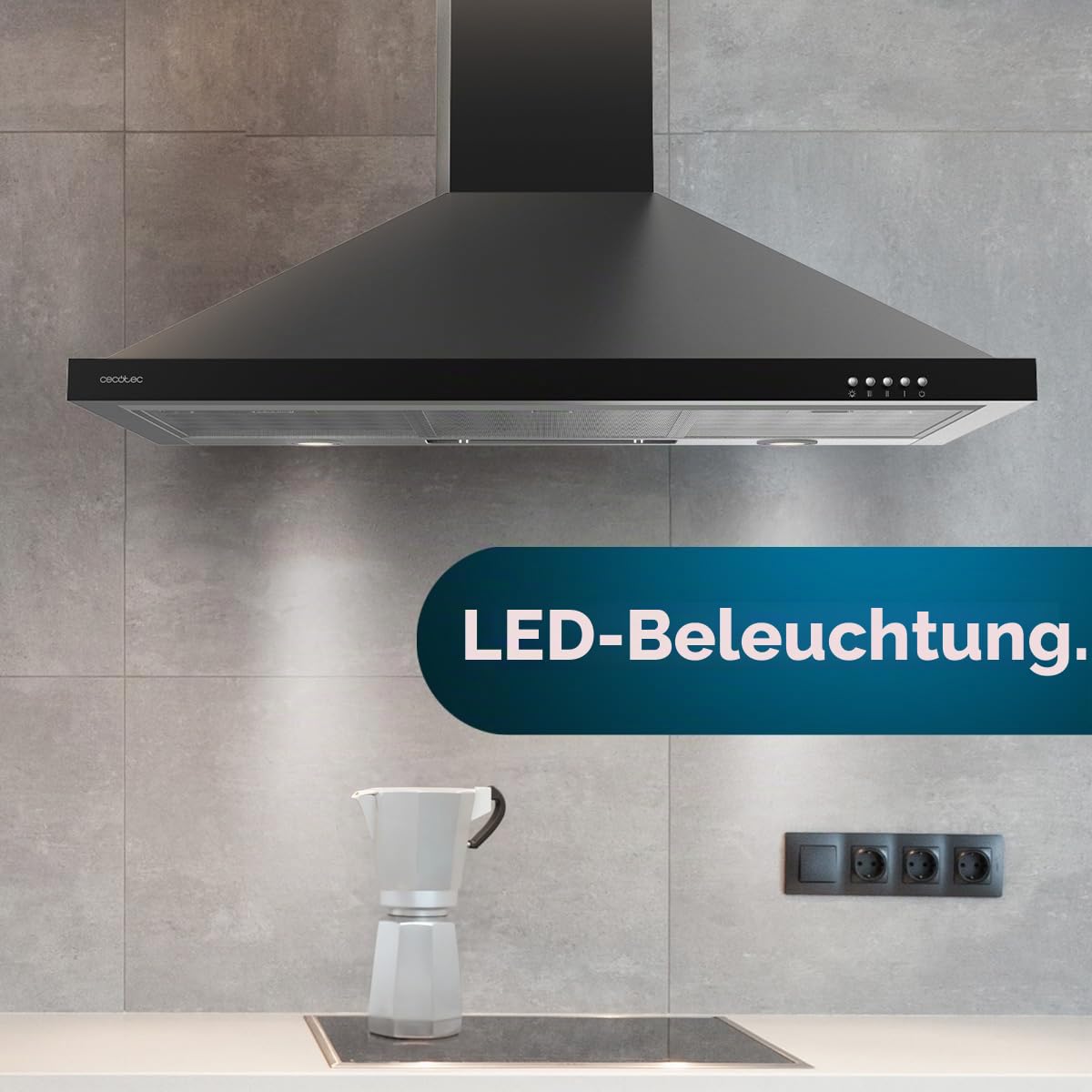 Cecotec Bolero Flux PM 906500 Black A Dunstabzugshaube, 90 cm, Motor 165 W, schwarzes Finish, Saugleistung 650 m³/h, mechanische Steuerung, 3 Leistungsstufen, Licht und Kohlefilter