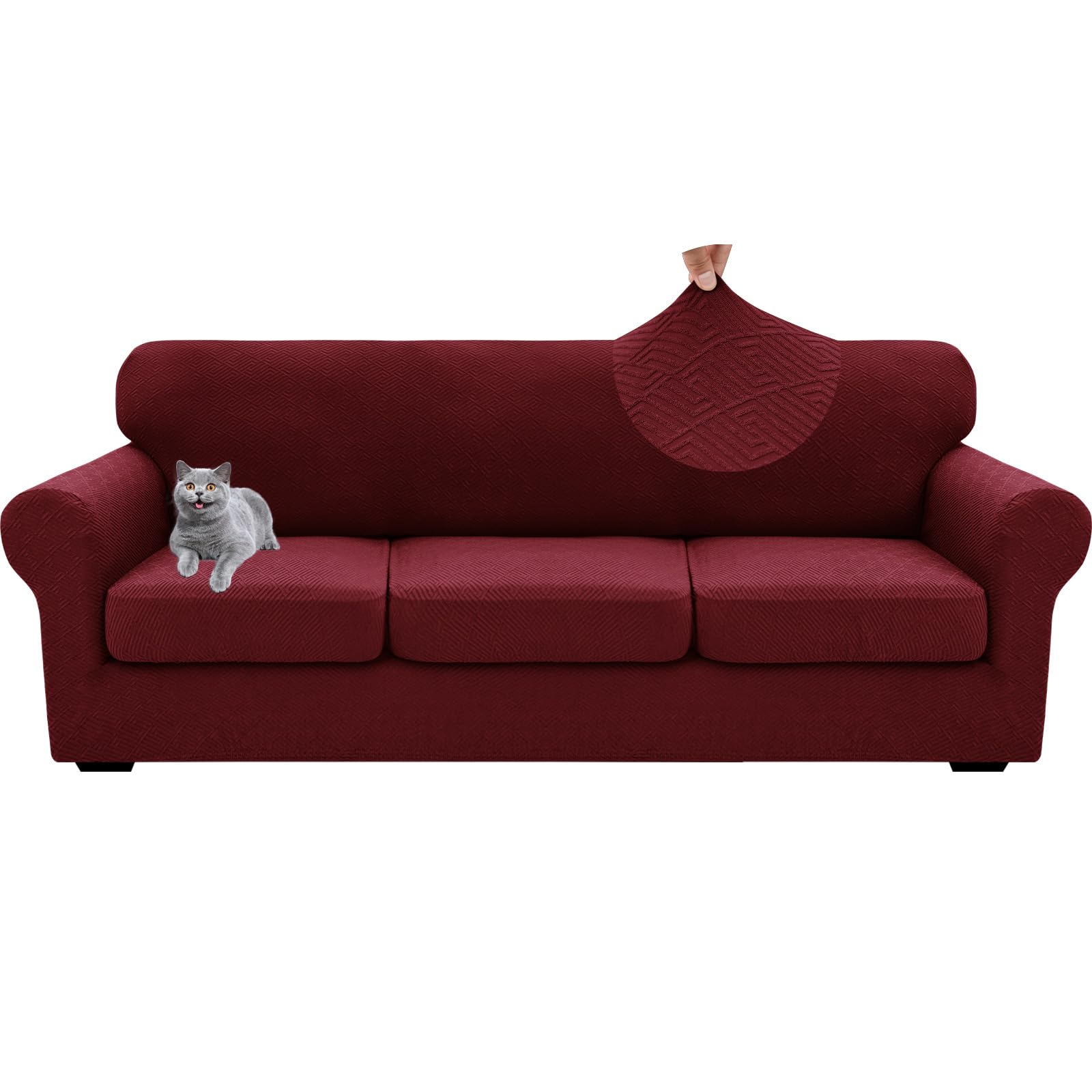 GEBIN 4 Pieces Stretch Sofa Cover 3 Seater, Soft Couch Covers with 3 Separate Seat Cushions Cover, Jacquard Spandex Sofa Slipcover for Living Room Furniture Protector (Wine Red,XL Sofa(3 Cushions))