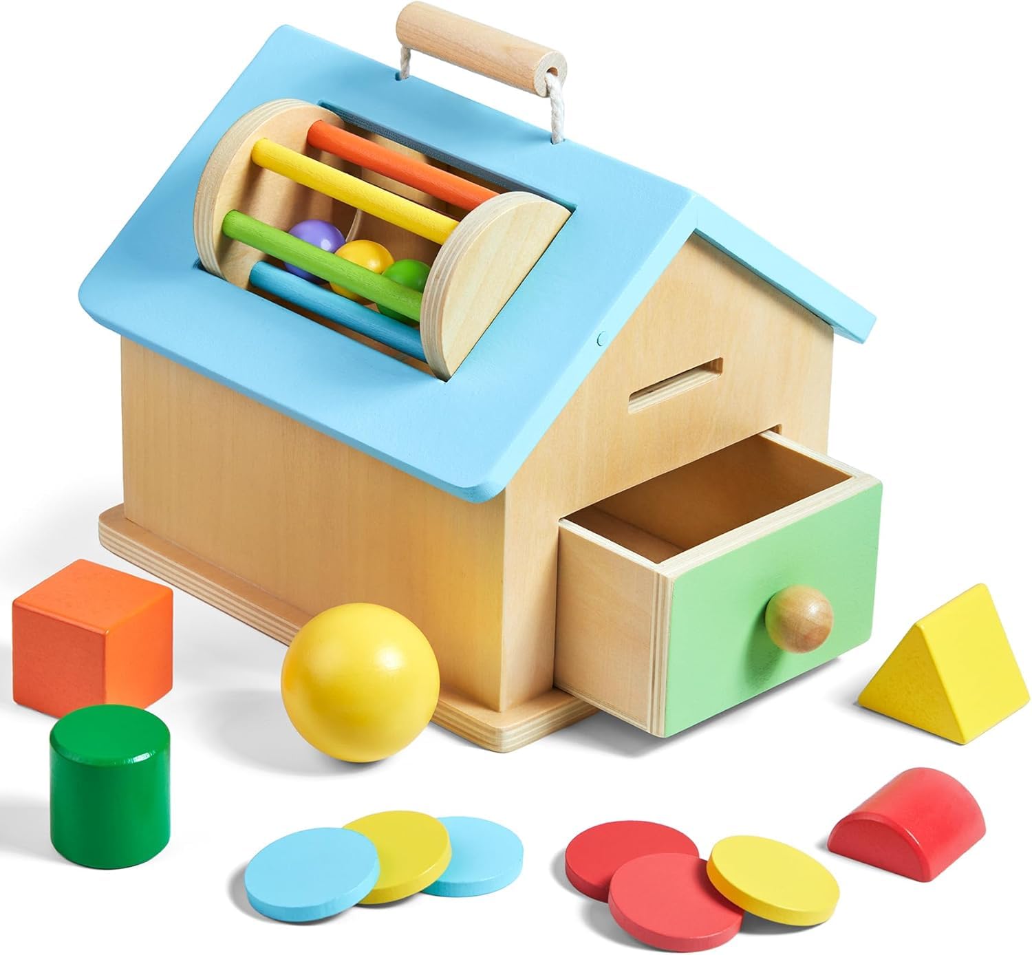 AM ANNA Montessori Toys for Baby 6-12 Months, 5 in 1 Wooden Baby Drop & Coin Box Toys,Shape Sorting and Stacking Learning Toys for Toddlers,Wooden Toy for Kids Age 1 + Year 5-in-1