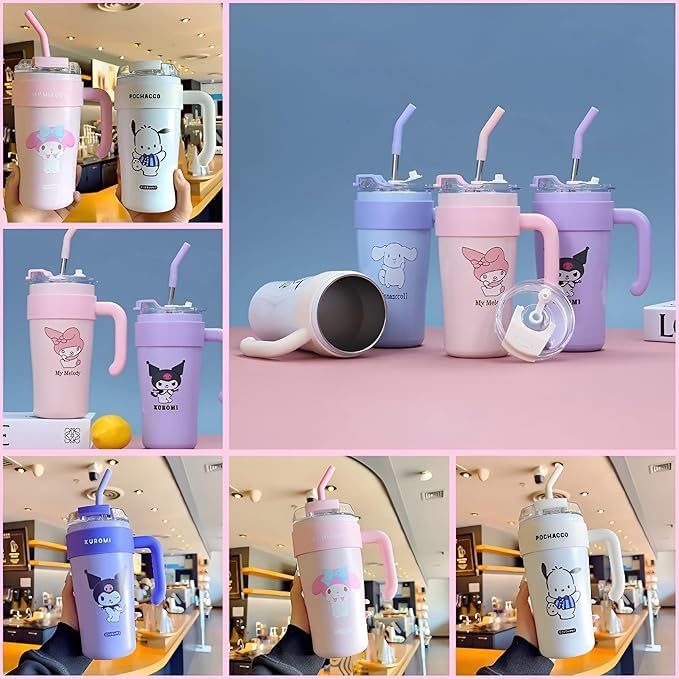 Image of Cute Cartoon Straw Tumbler 860ml with Handle | Doublewall-Reusable Sipper Cup with Lid for Kids & Teens | Lightweight Drinking Mug for Water, Juice & Milk (Pink)