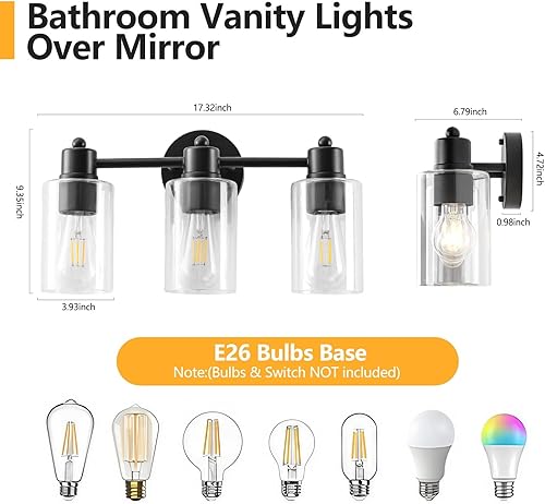 Miniatura 5 de Lámpara de tocador de baño de 3 luces, acabado negro mate con pantallas de vidrio templado, iluminación moderna sobre espejo para bañotocador,