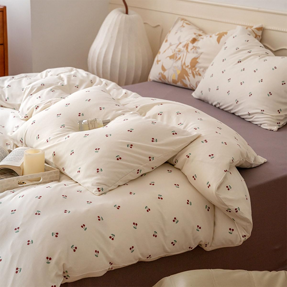 Cherry Duvet Cover Full Size Cute Red Cherry Bedding Set 3Pcs Kids Girls Cherry Pattern Soft Breathable Microfiber Duvet Cover Set with Zipper Closure and 2 Pillowcases
